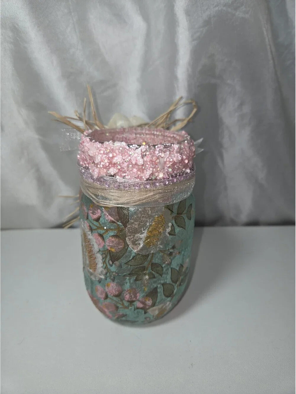 Shabby Chic Decoupage Glass Jar Sola Wood Flower Centerpiece Upcycled Vase Decor